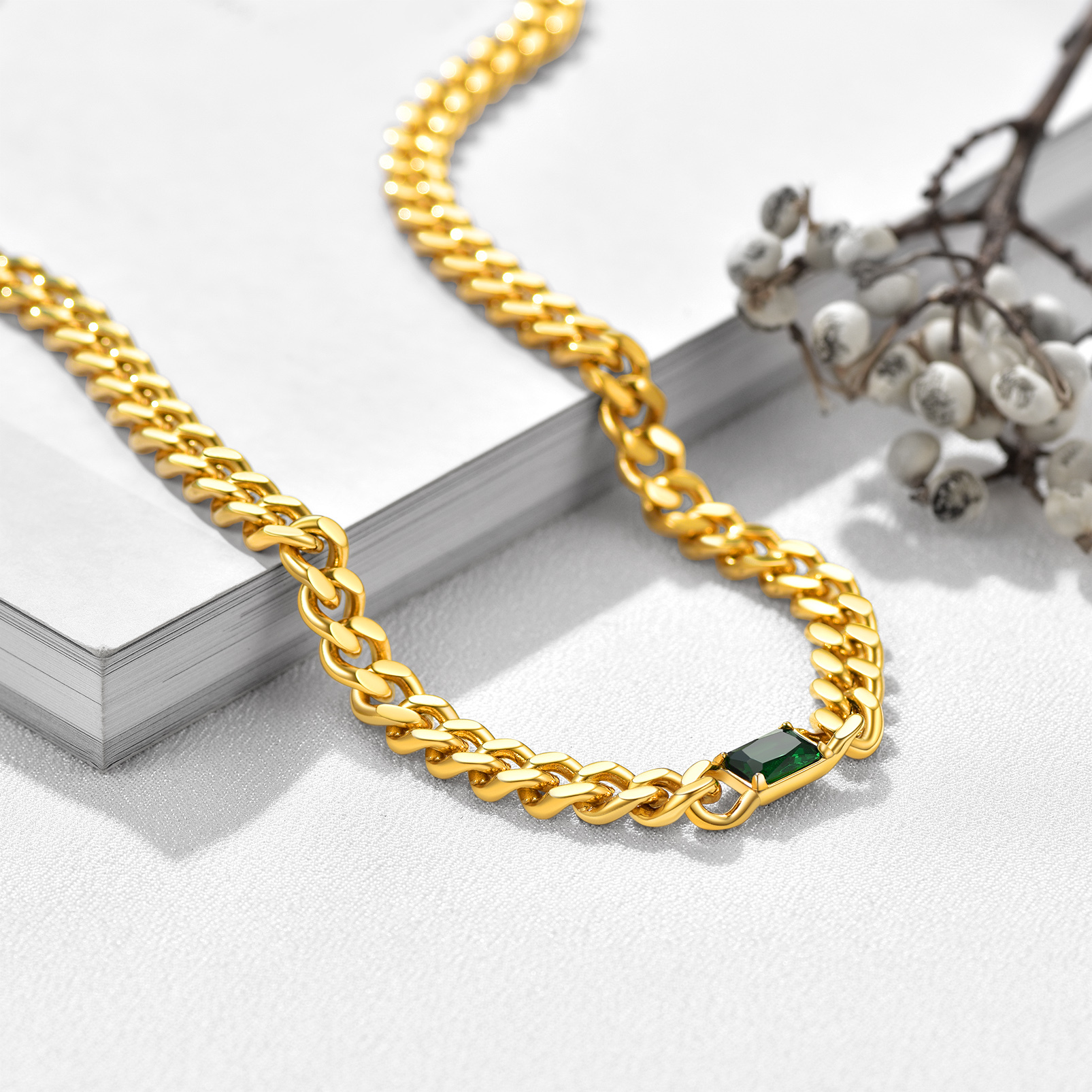 Birthstone Cuban Link Choker Necklace 7MM Gold for Women