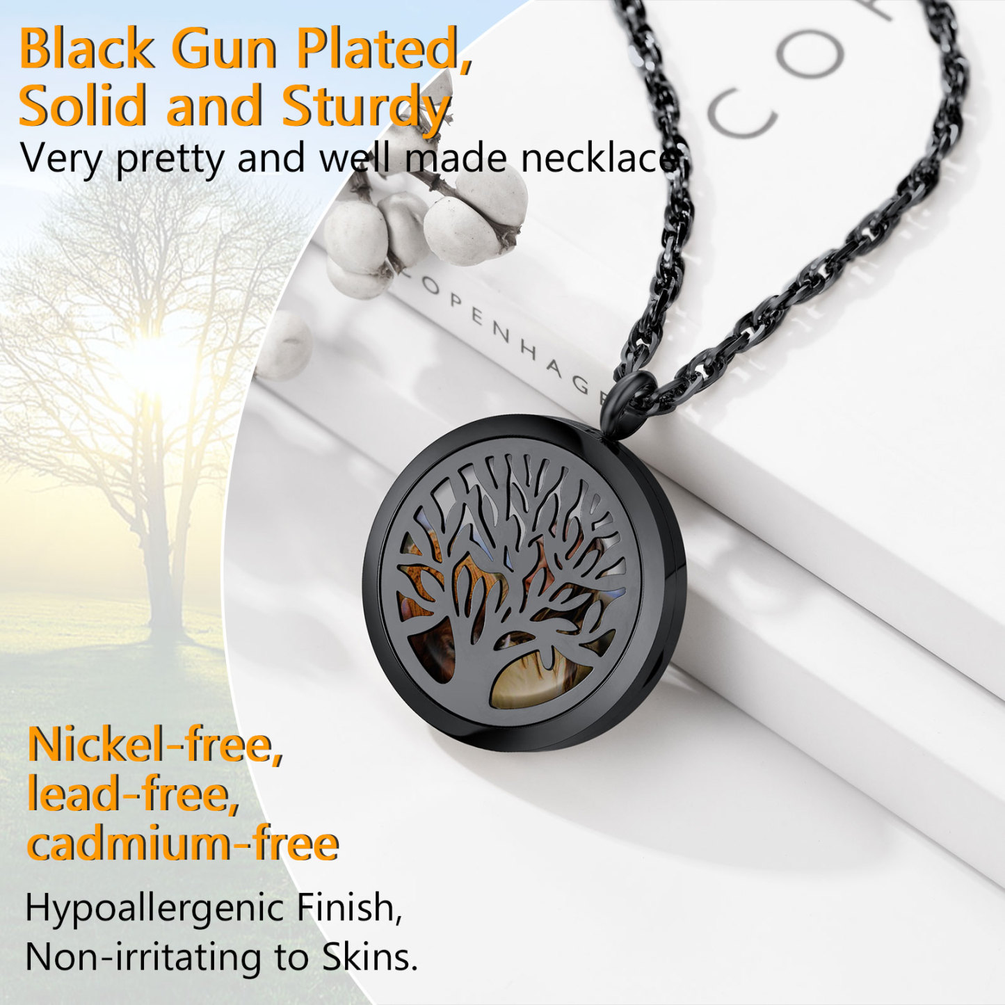 Custom Photo Life Tree Locket Necklace black