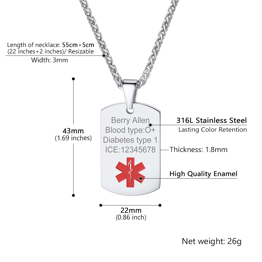  Custom Engraved Emergency Medical Alert ID Dog Tag Stainless Steel Pendant Necklace 