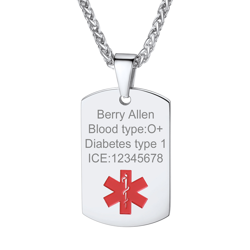 Custom Engraved Emergency Medical Alert ID Dog Tag Pendant Necklace