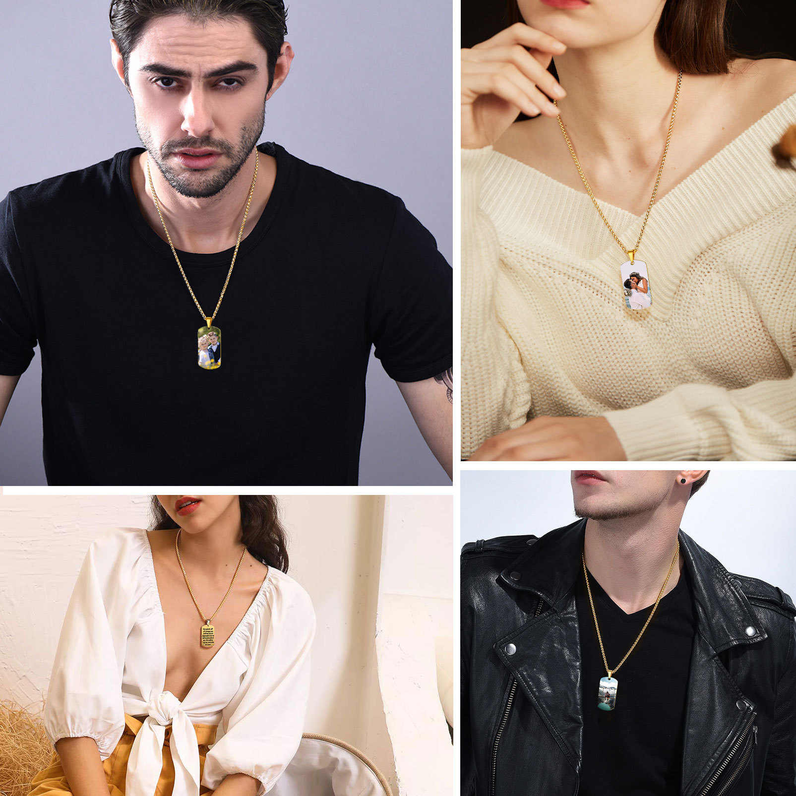 Custom Photo Text Engraved Dog Tag Necklace  model show