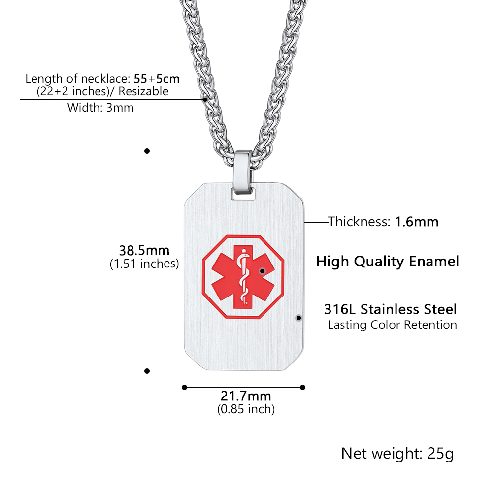  Medical Alert Necklace Custom Made Engraved Emergency Med ID Dog Tag Round Pendant