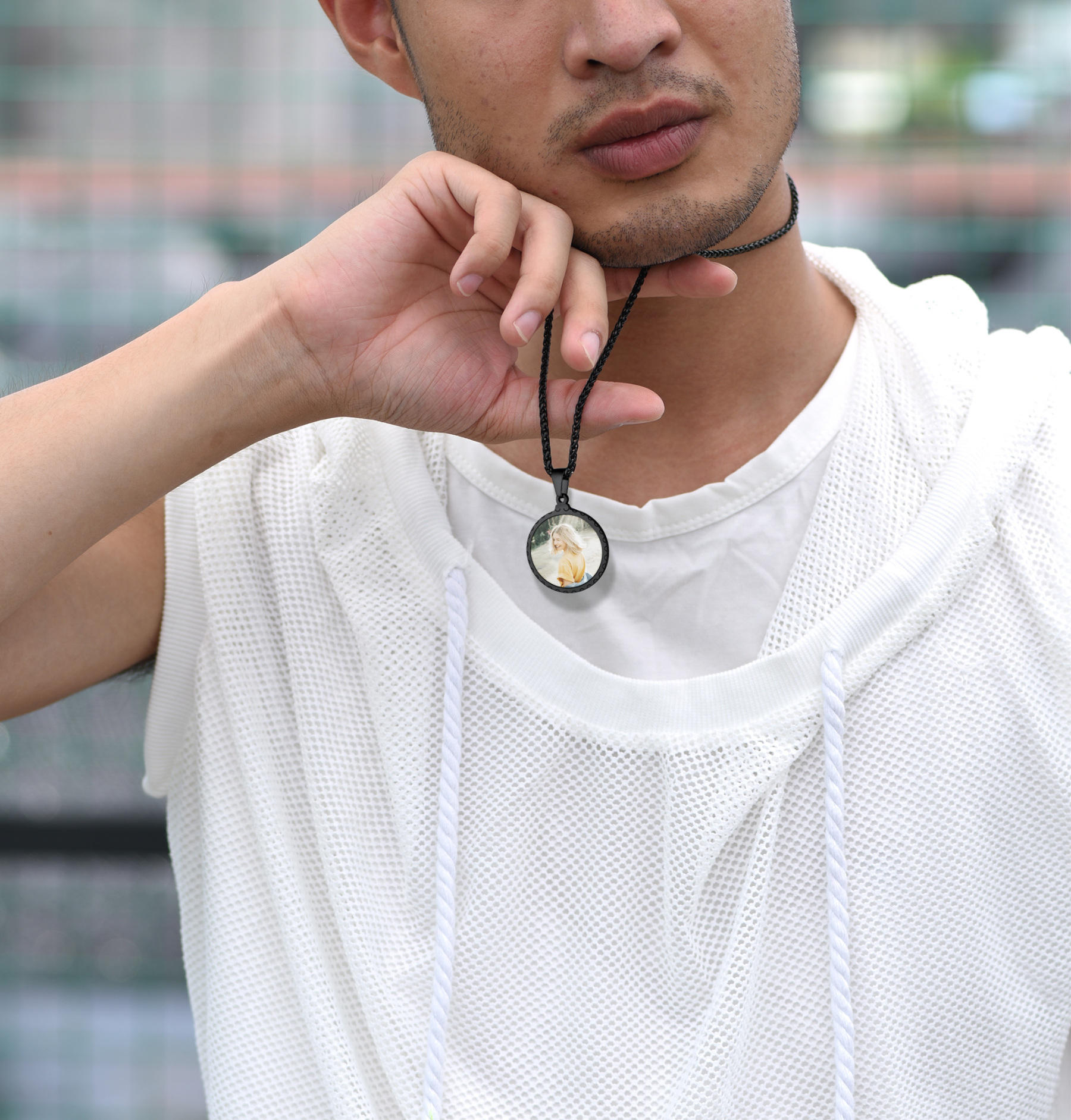 Personalized Photo Bible Verse Necklaces for Men model