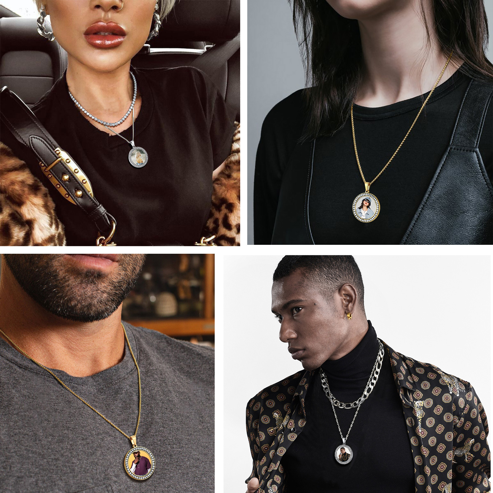 Custom Photo Round Pendant Necklace for Men Women model show