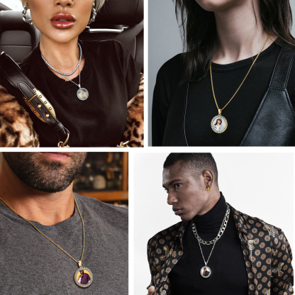 Custom Photo Round Pendant Necklace for Men Women model show