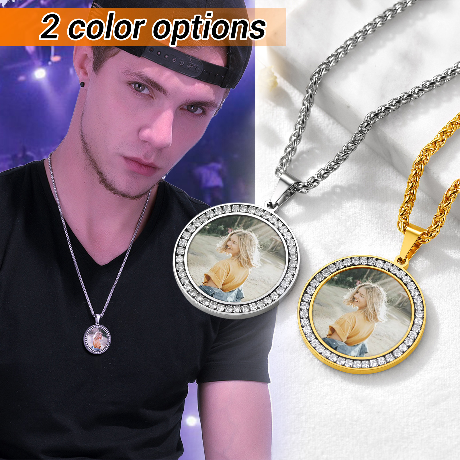 Custom Photo Round Pendant Necklace for Men Women 2 color