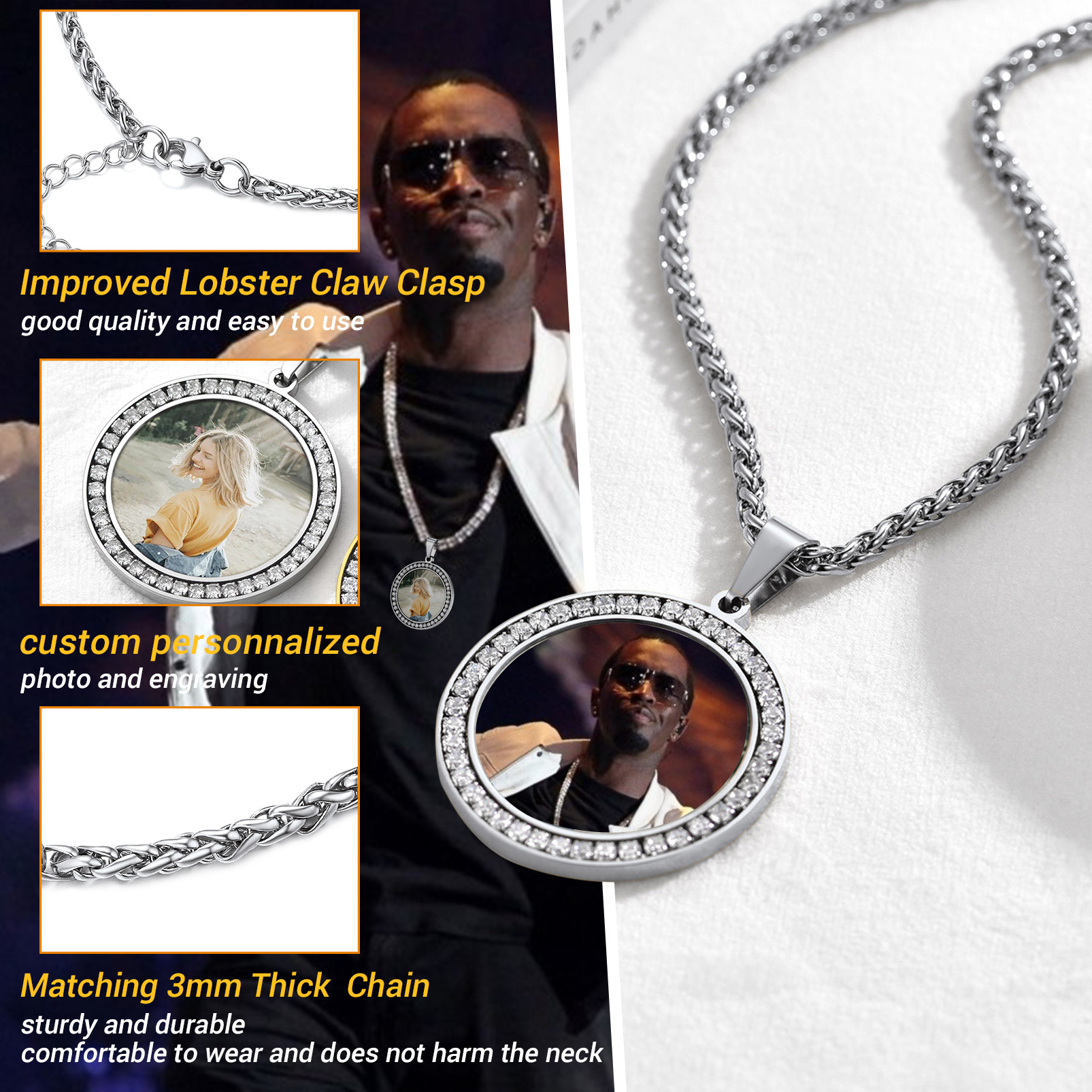 Custom Photo Round Pendant Necklace for Men Women detail