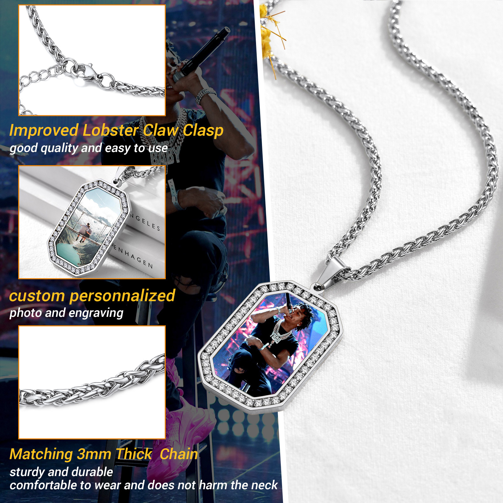 Personalized Photo CZ Necklace for Men Women