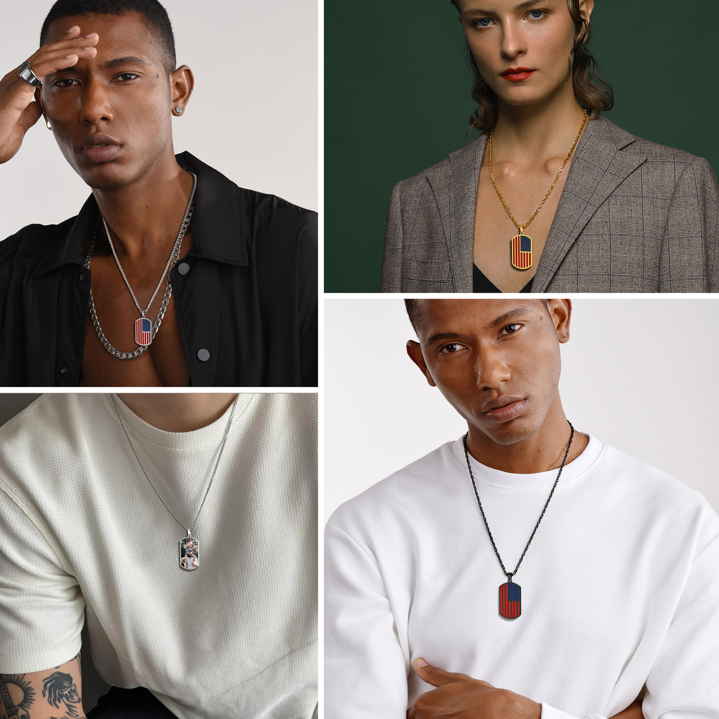 Custom Photo American Flag Patriotic Dog Tag Pendant Necklace for Men model show