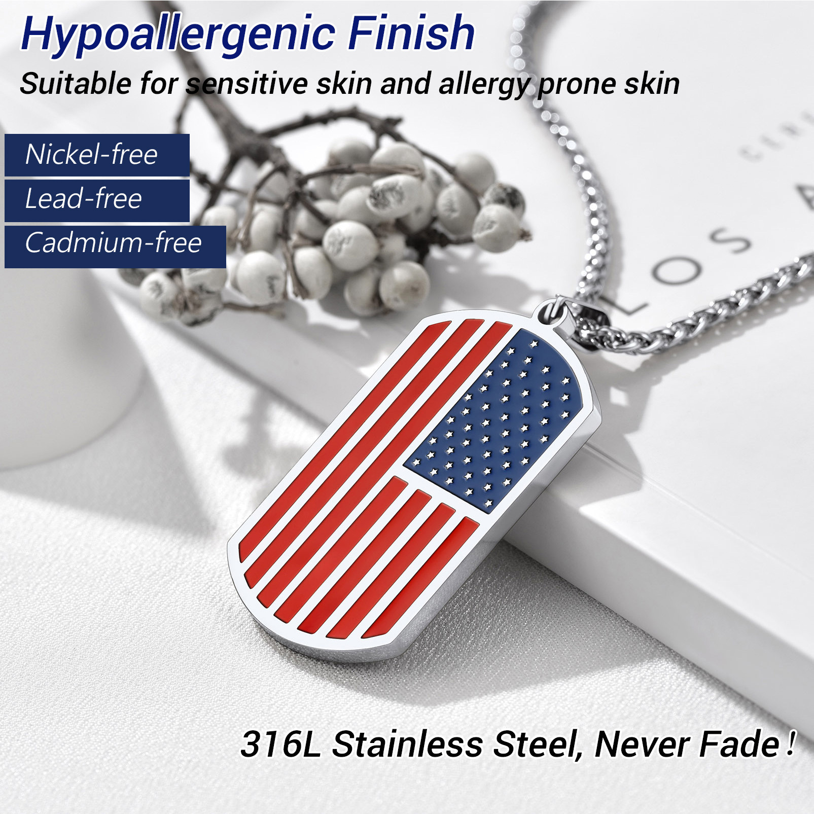 Custom Photo American Flag Patriotic Dog Tag Pendant Necklace for Men stainless steel