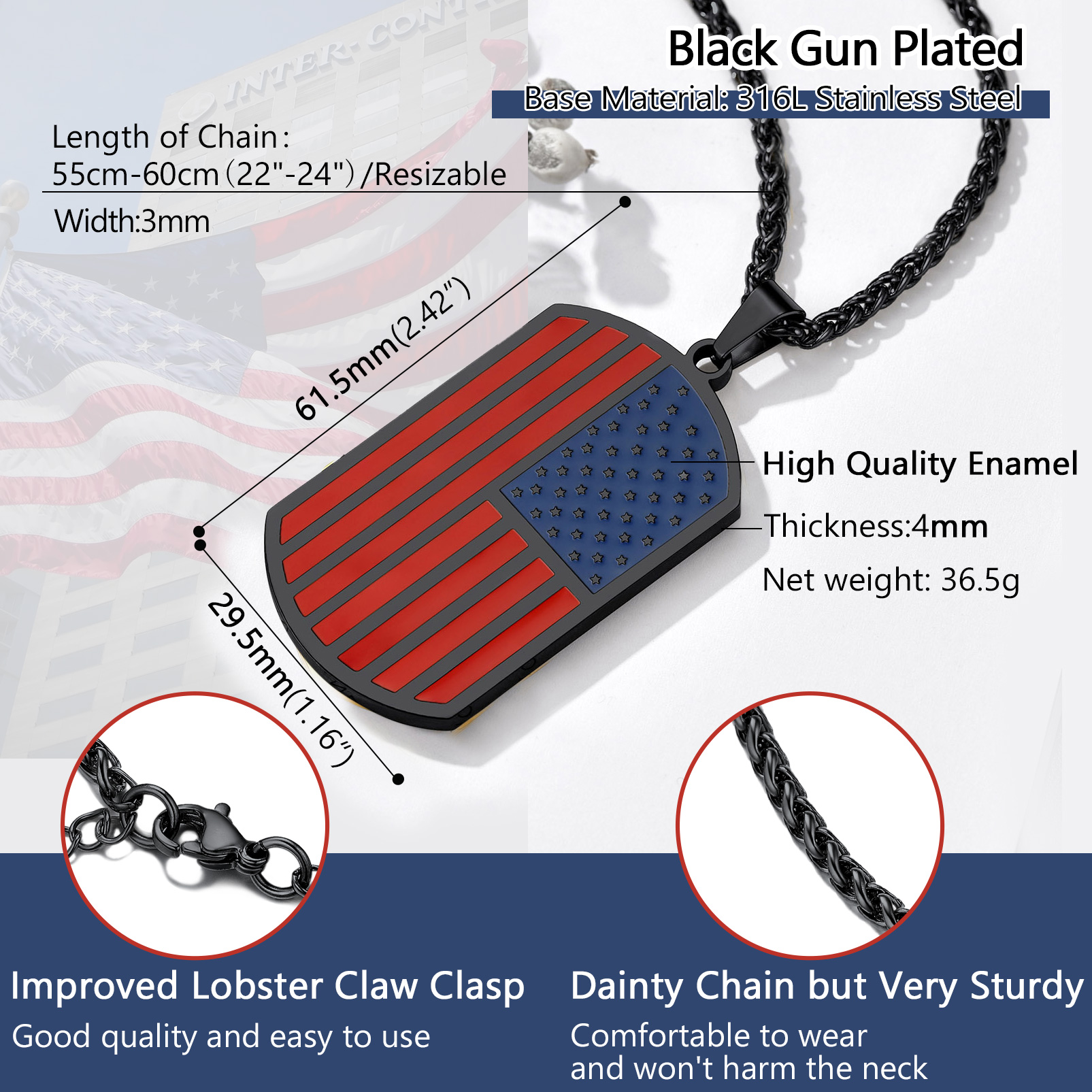 Custom Photo American Flag Patriotic Dog Tag Pendant Necklace for Men black detail