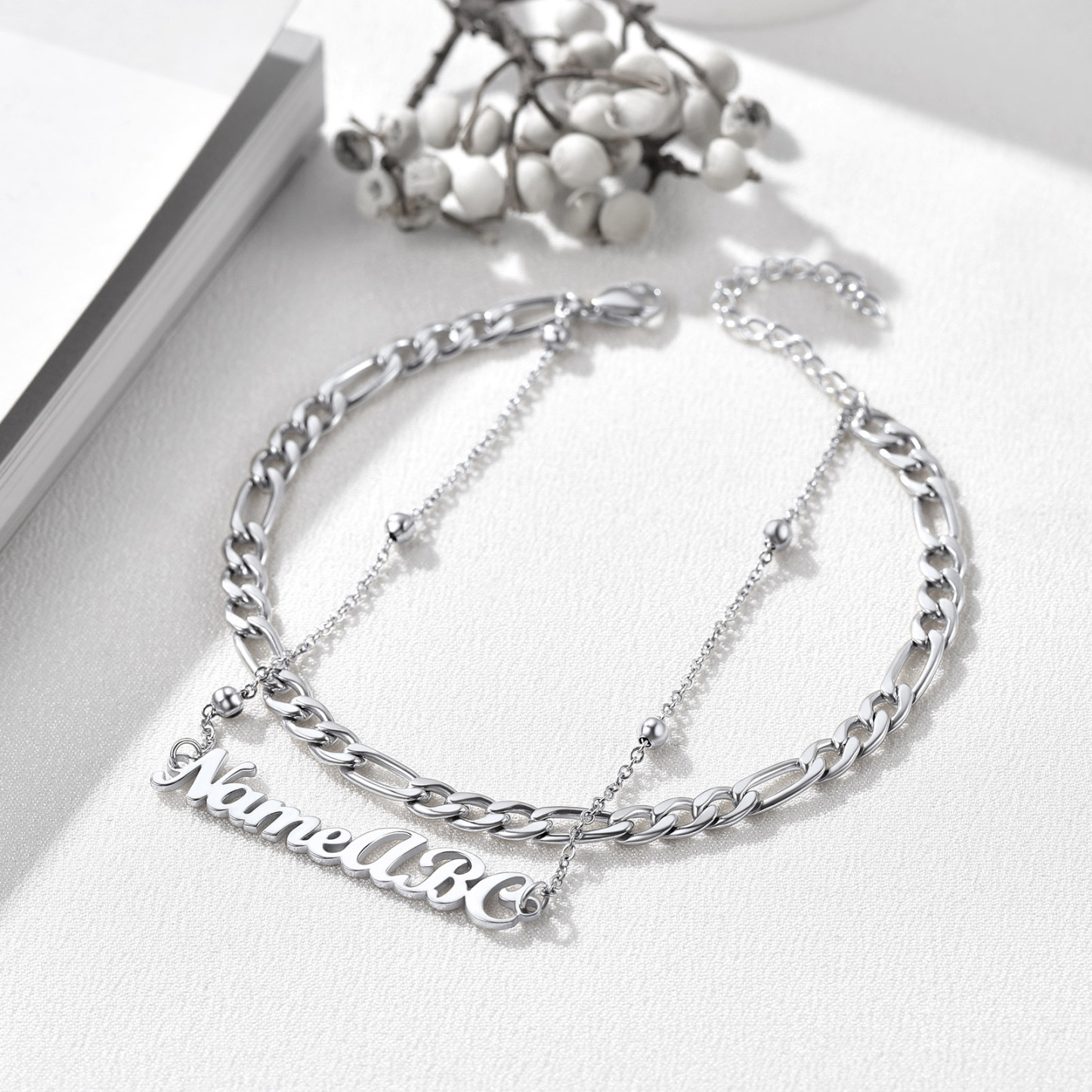 Custom Name Anklet with Figaro Chain for Women occasion silver