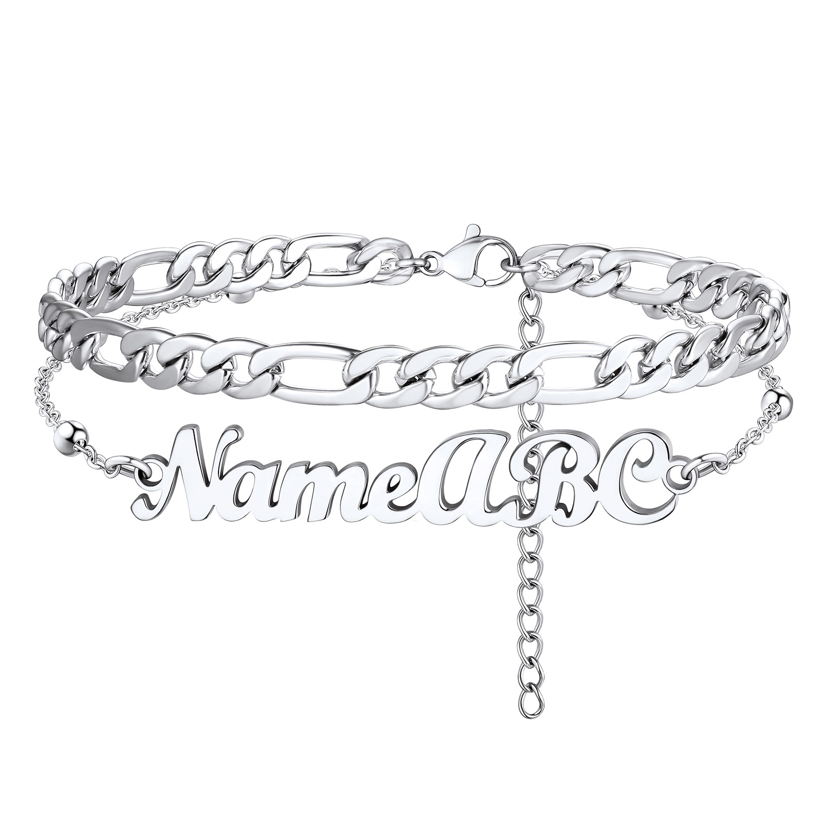 Custom Name Anklet with Figaro Chain for Women silver