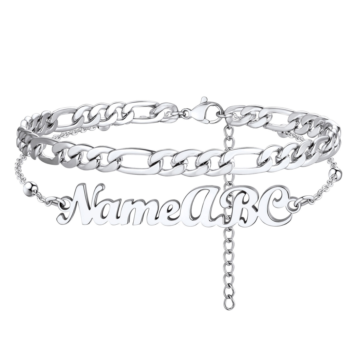 Custom Name Anklet with Figaro Chain for Women silver