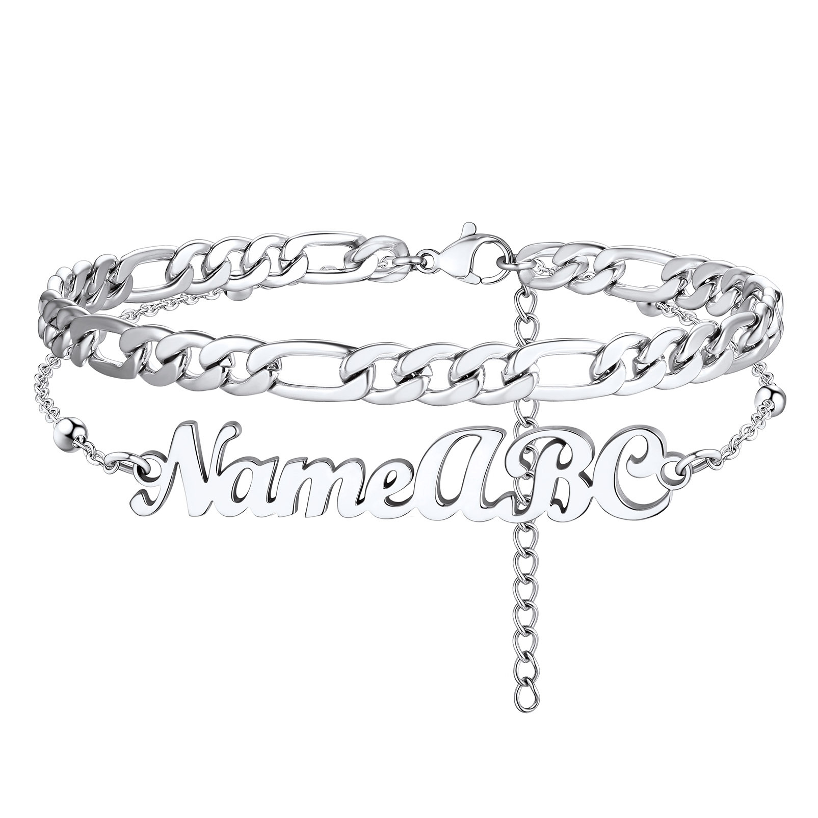 Custom Name Anklet with Figaro Chain for Women silver