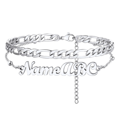 Custom Name Anklet with Figaro Chain for Women silver