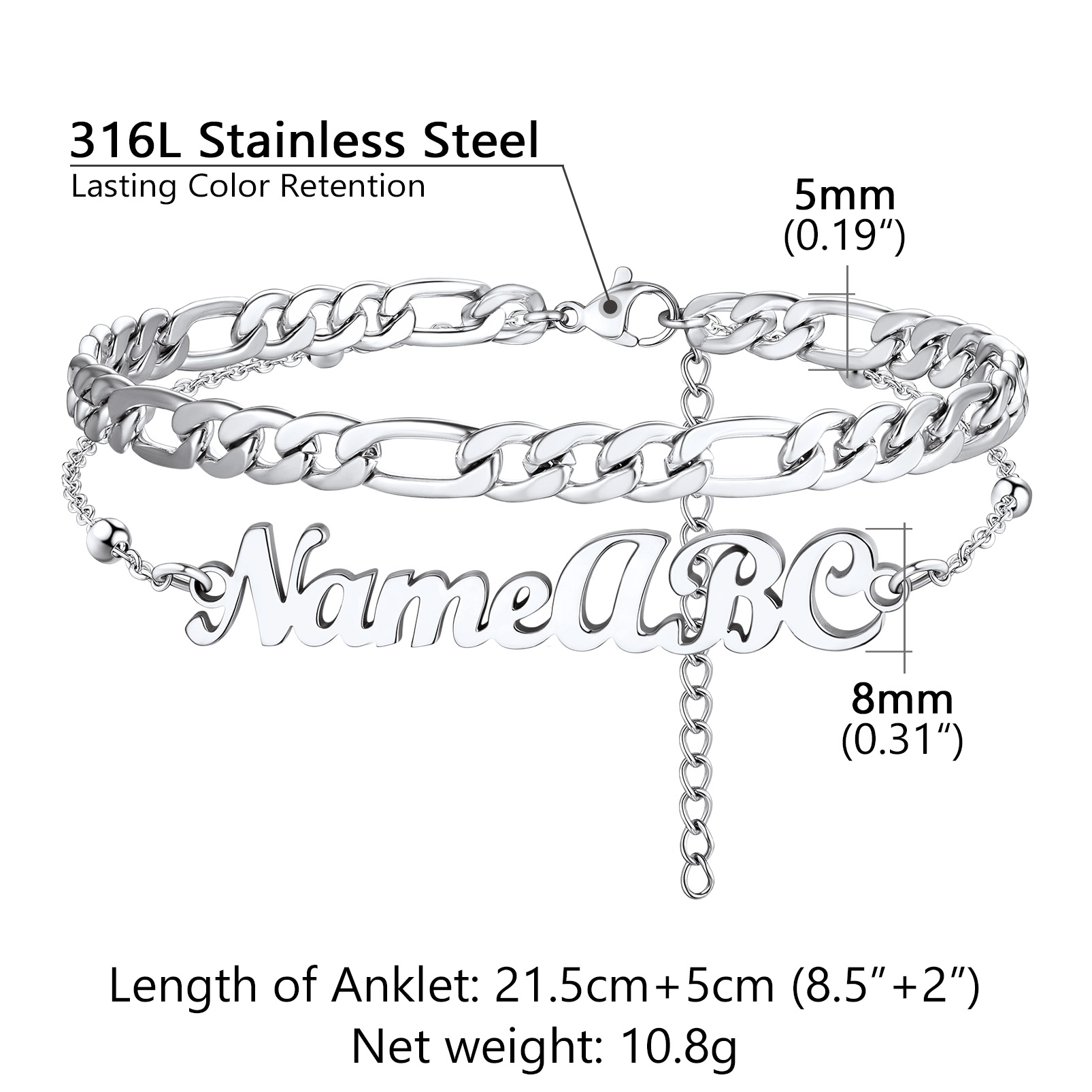 Custom Name Anklet with Figaro Chain for Women  size