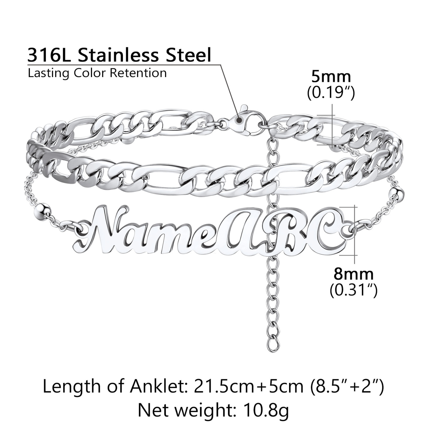 Custom Name Anklet with Figaro Chain for Women  size