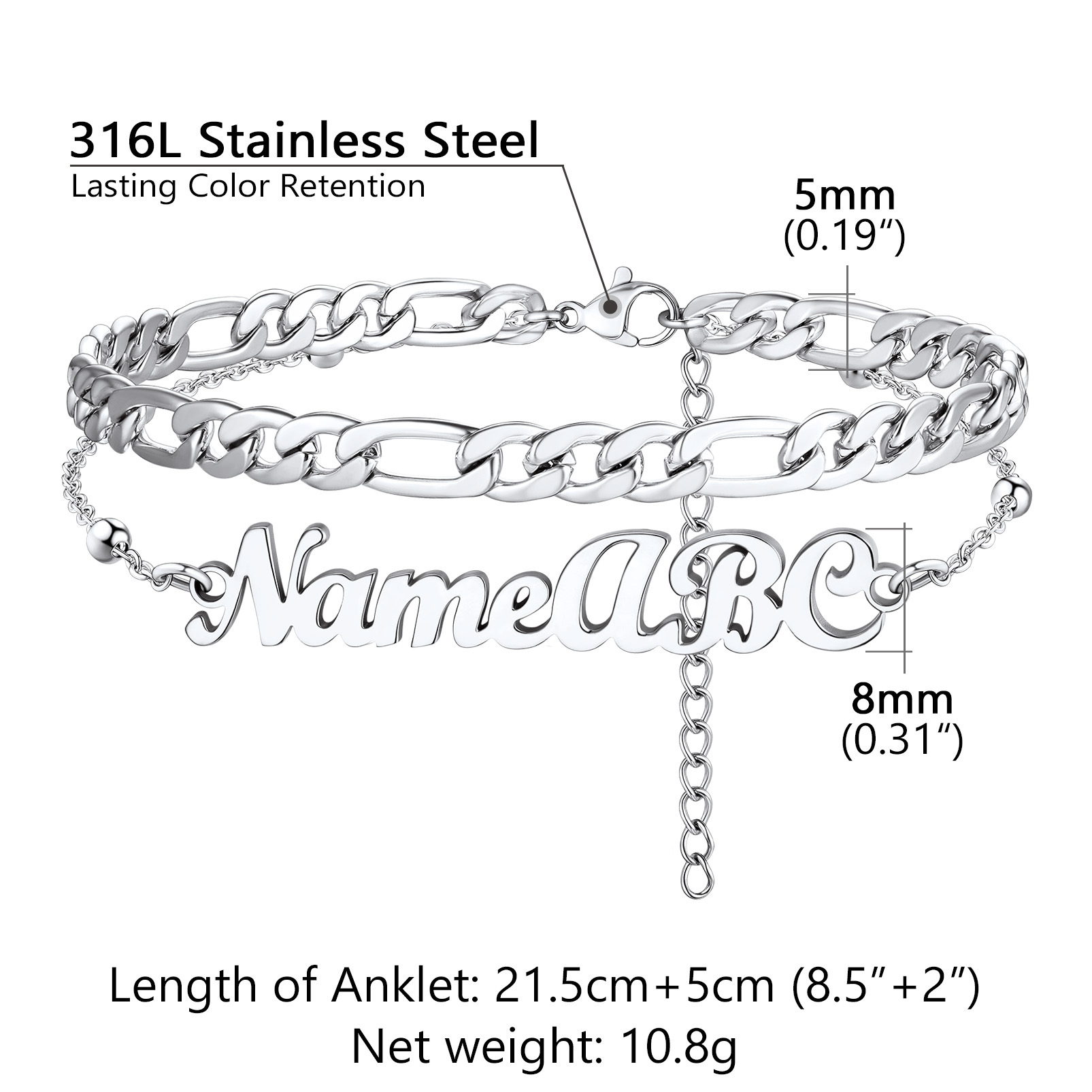 Custom Name Anklet with Figaro Chain for Women  size