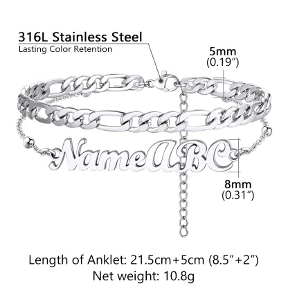 Custom Name Anklet with Figaro Chain for Women  size