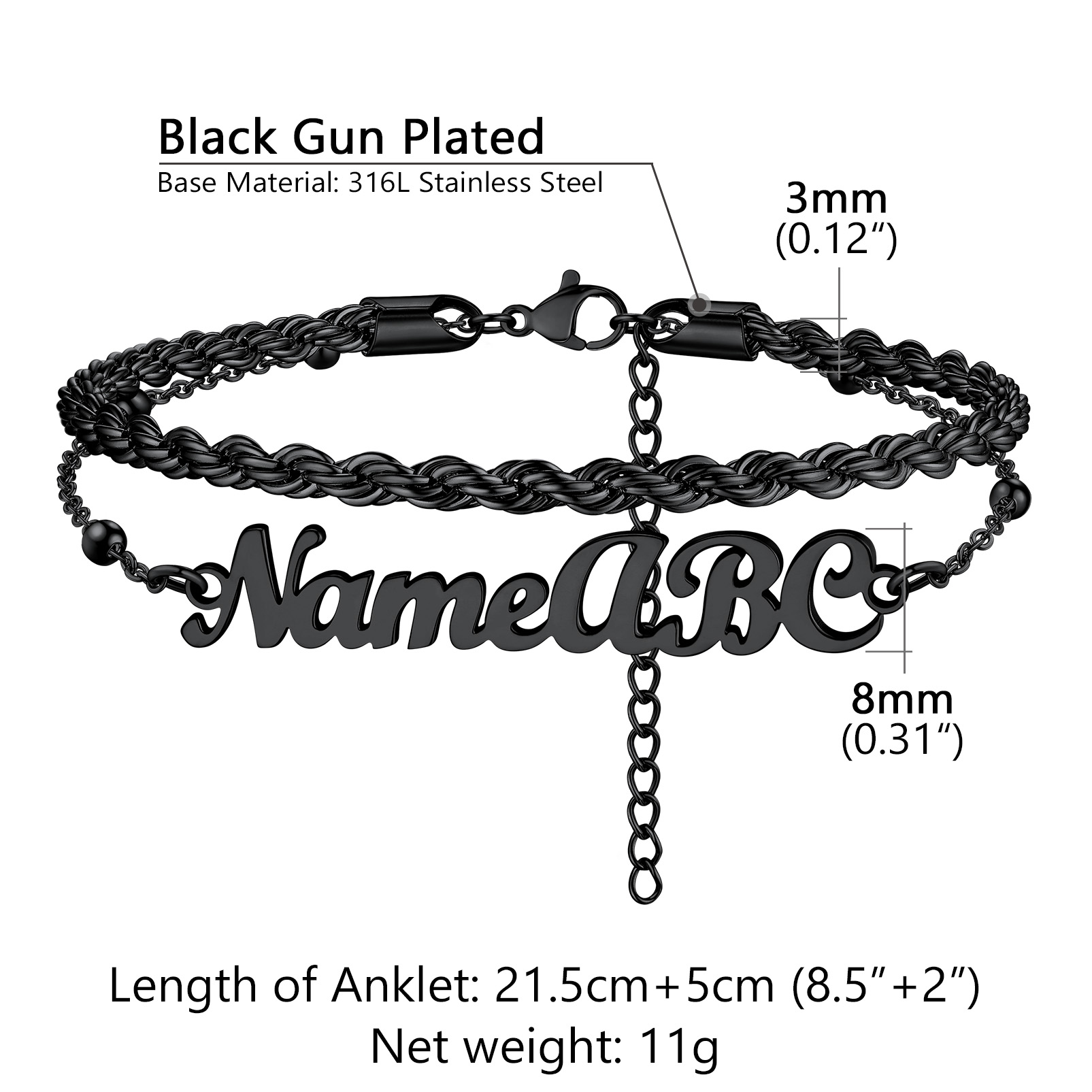 Personalized Twist Chain Name Anklets 2 Layers For Women size