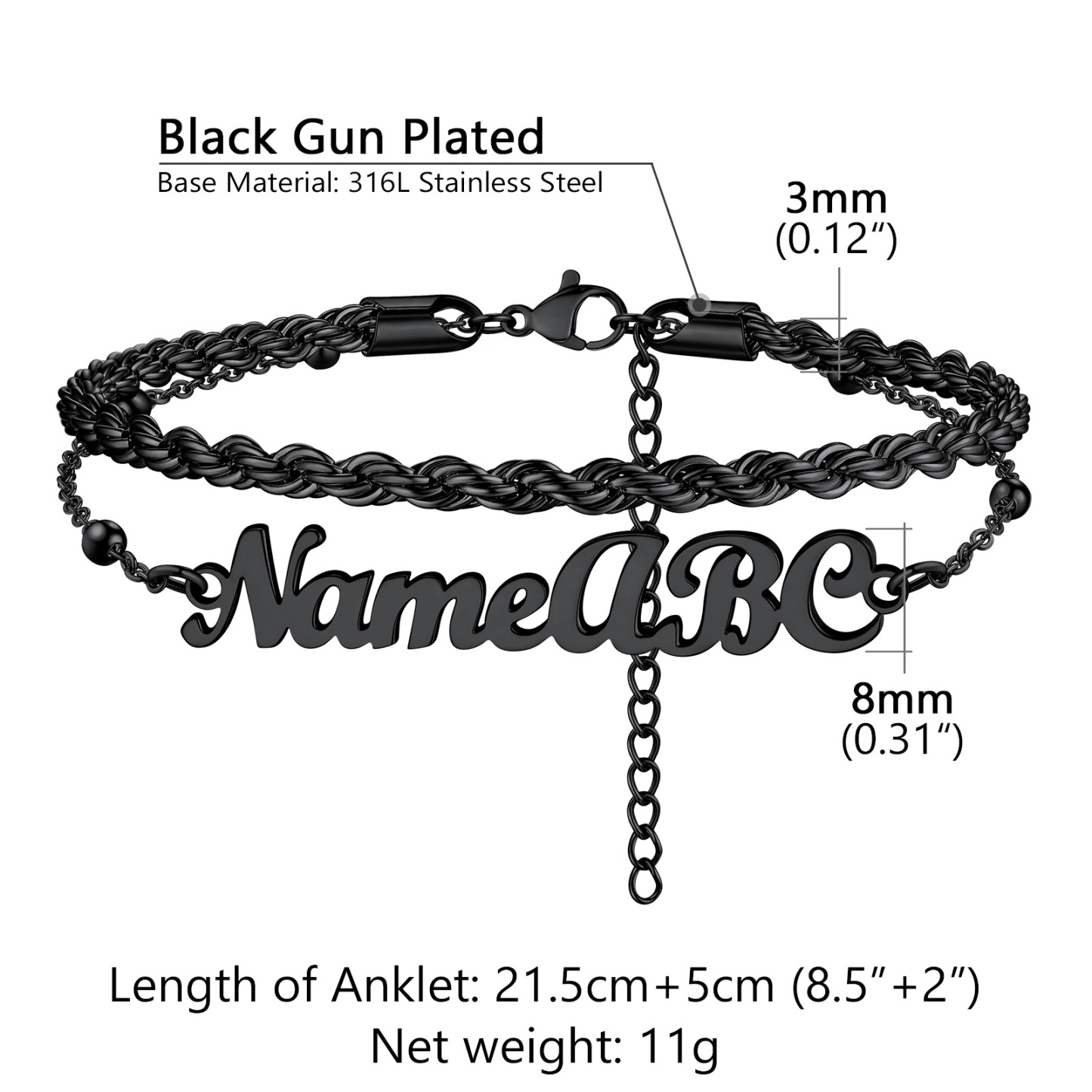 Personalized Twist Chain Name Anklets 2 Layers For Women size