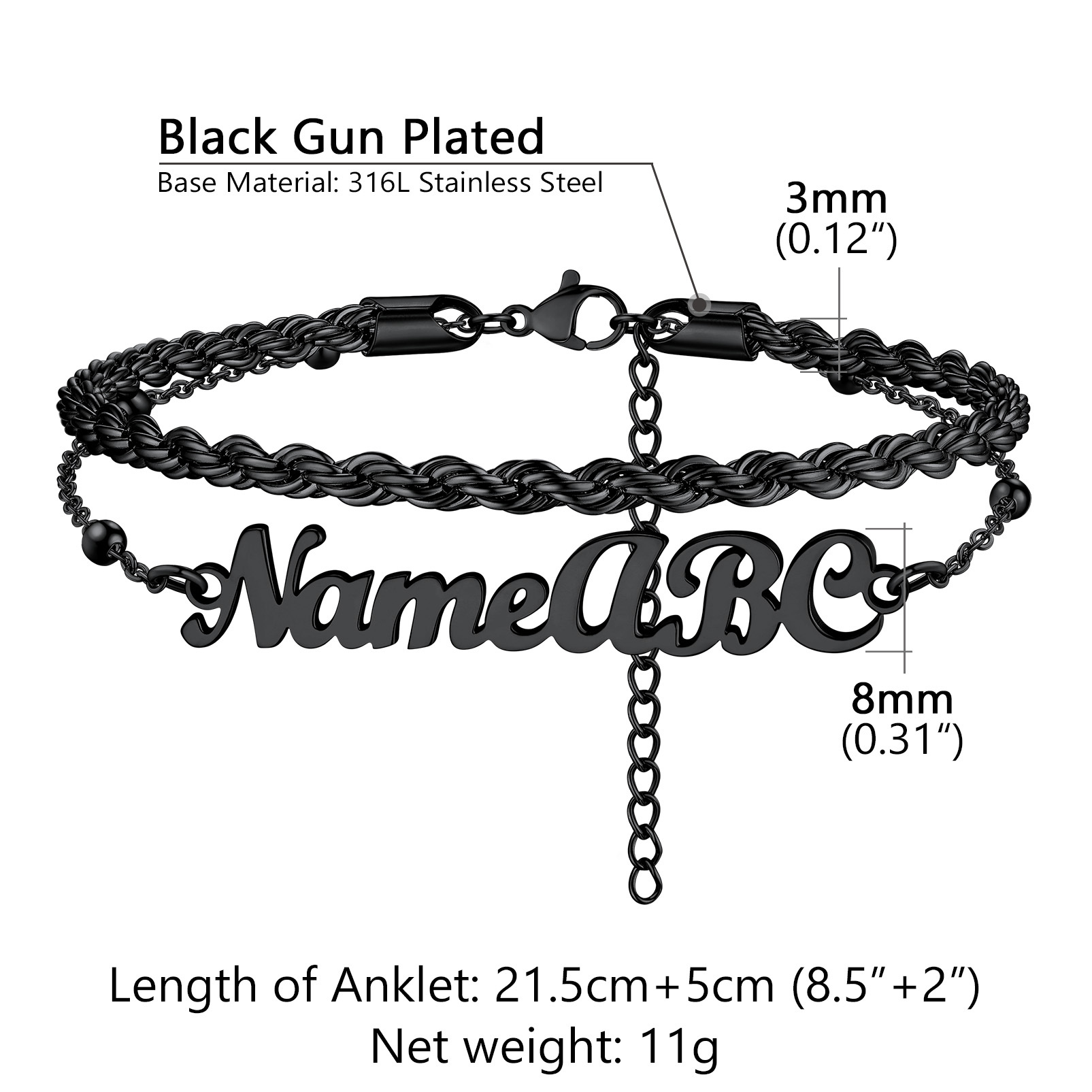 Personalized Twist Chain Name Anklets 2 Layers For Women size