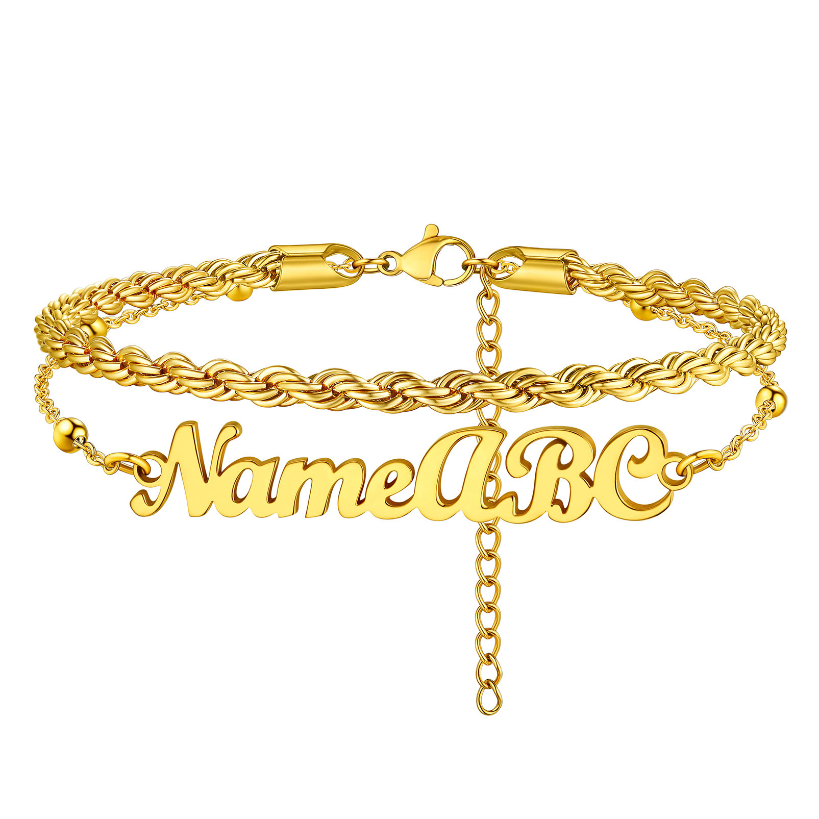 Personalized Twist Chain Name Anklets 2 Layers For Women gold