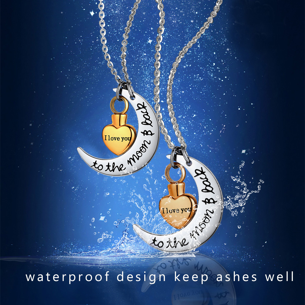 Personalized Moon Heart Urn Necklaces for Ashes Cremation water proof