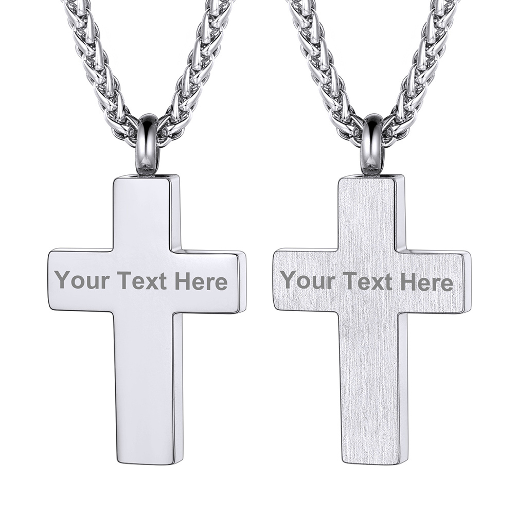 Custom Engraved Cross Cremation Pendant Urn Necklace for Ashes silver