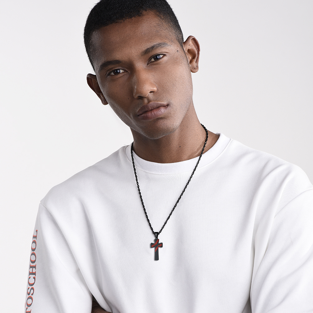 Personalized Engraved Baseball Cross Necklace model black