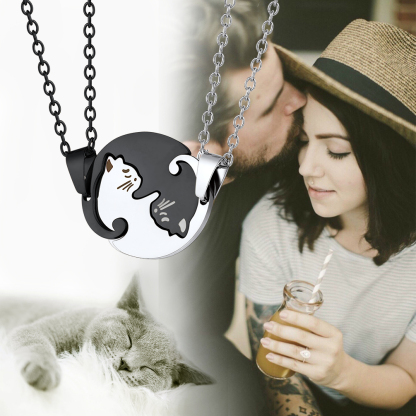 Personalized Name Engraved Cat Matching Necklace for couple