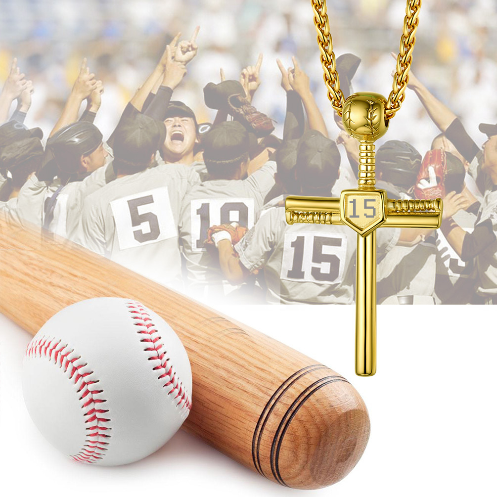 Custom Number Engraved Baseball Cross Necklaces for Men Women scene gold