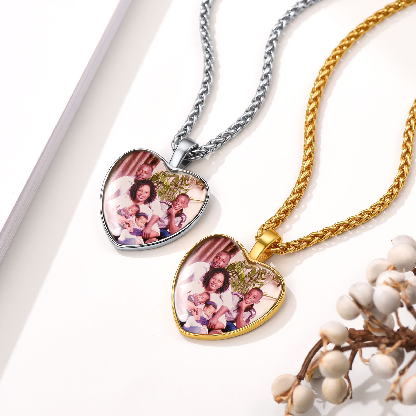 Personalized Photo Engraved Heart Necklace for Men Women DIY Memorial Jewelry color collection