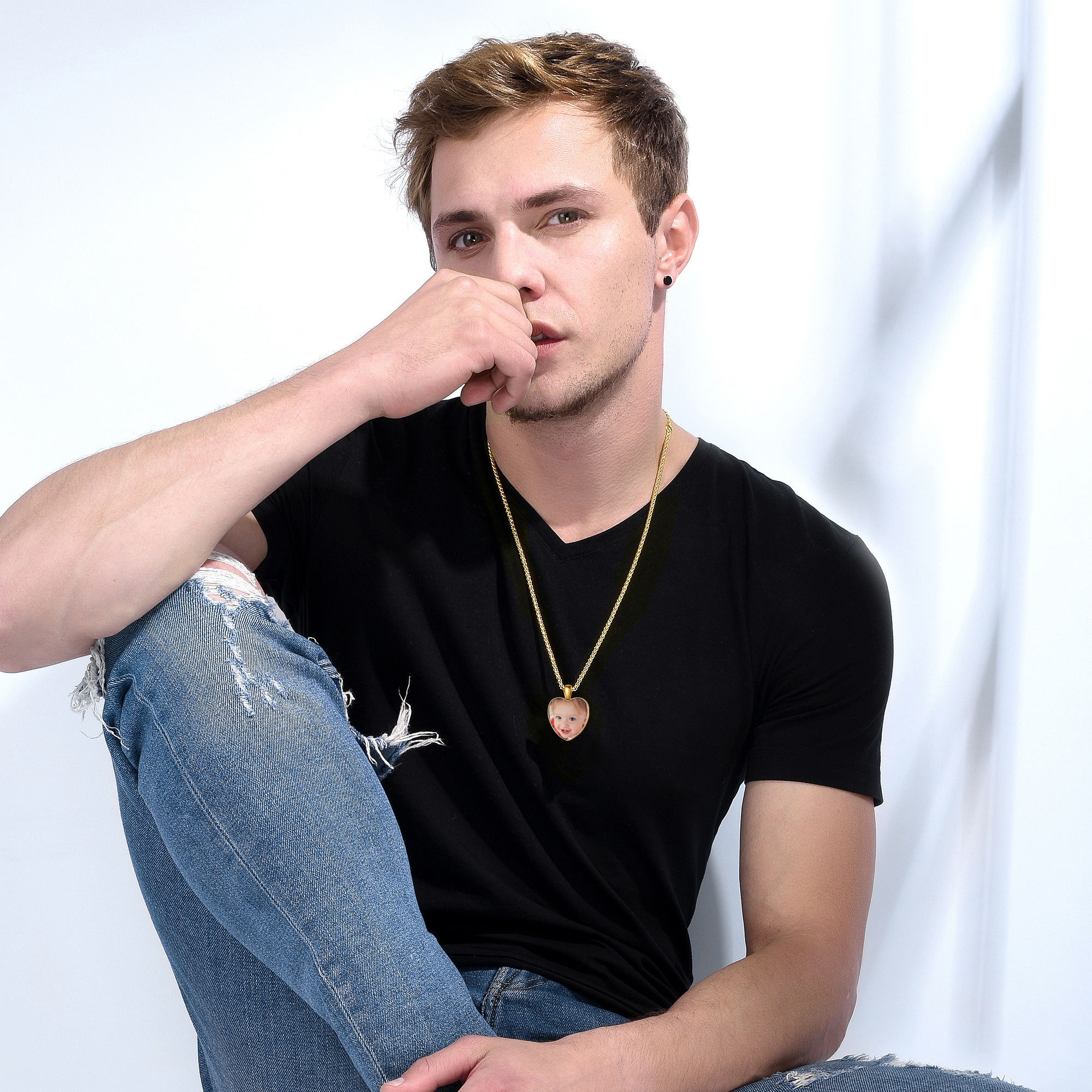 Personalized Photo Engraved Heart Necklace for Men DIY Memorial Jewelry model