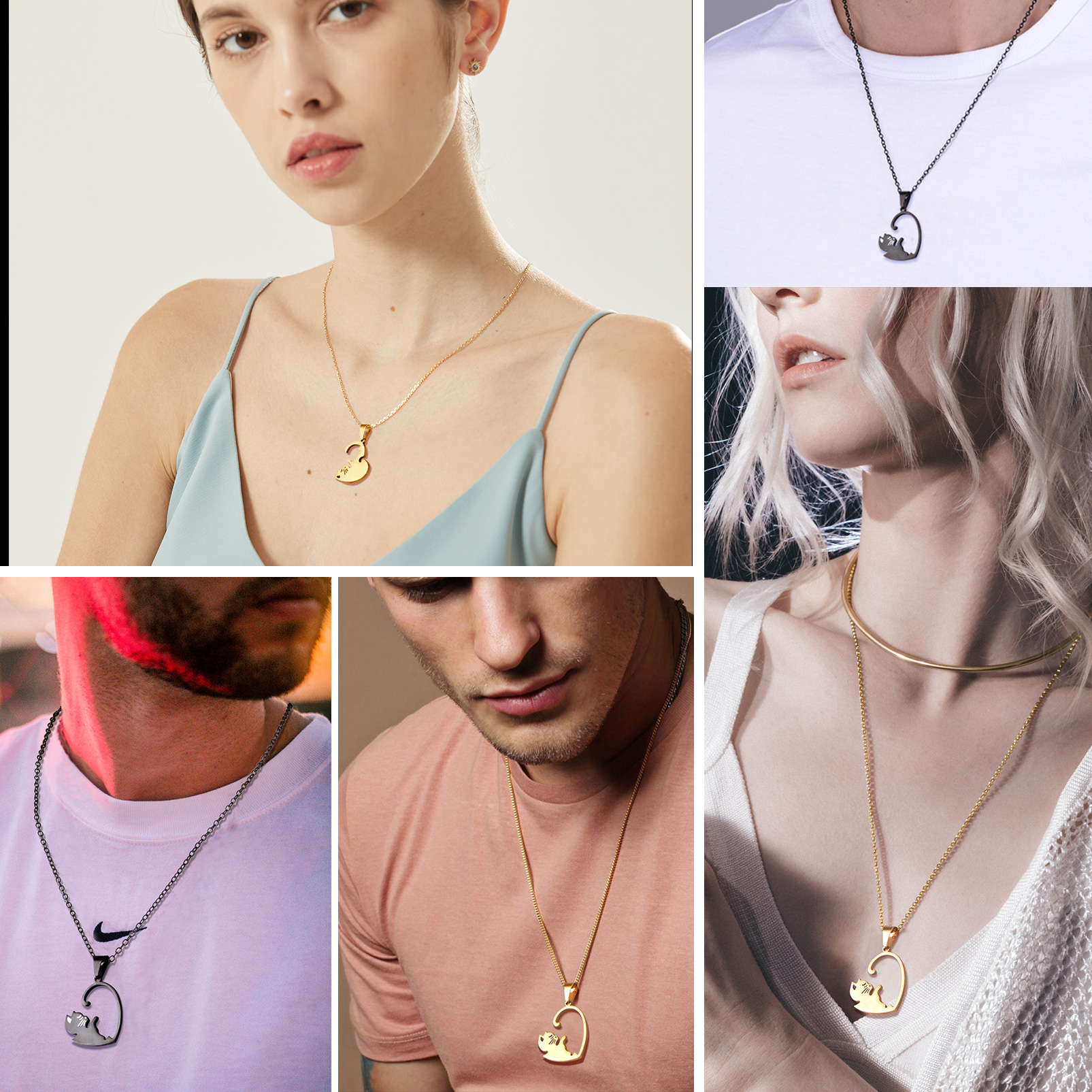 Name Engraved Puzzle Heart Cat Shape Necklace for Couple modes