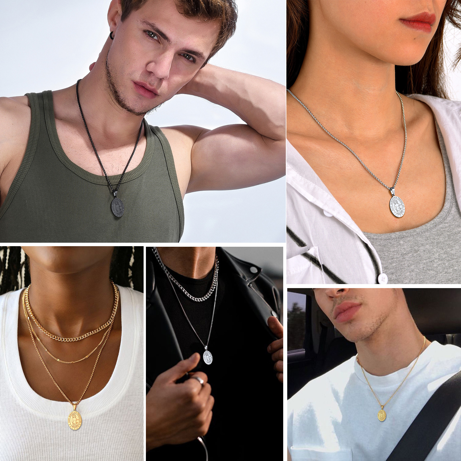 Custom Name Engraved Saint Sebastian Necklace for Women Men model show