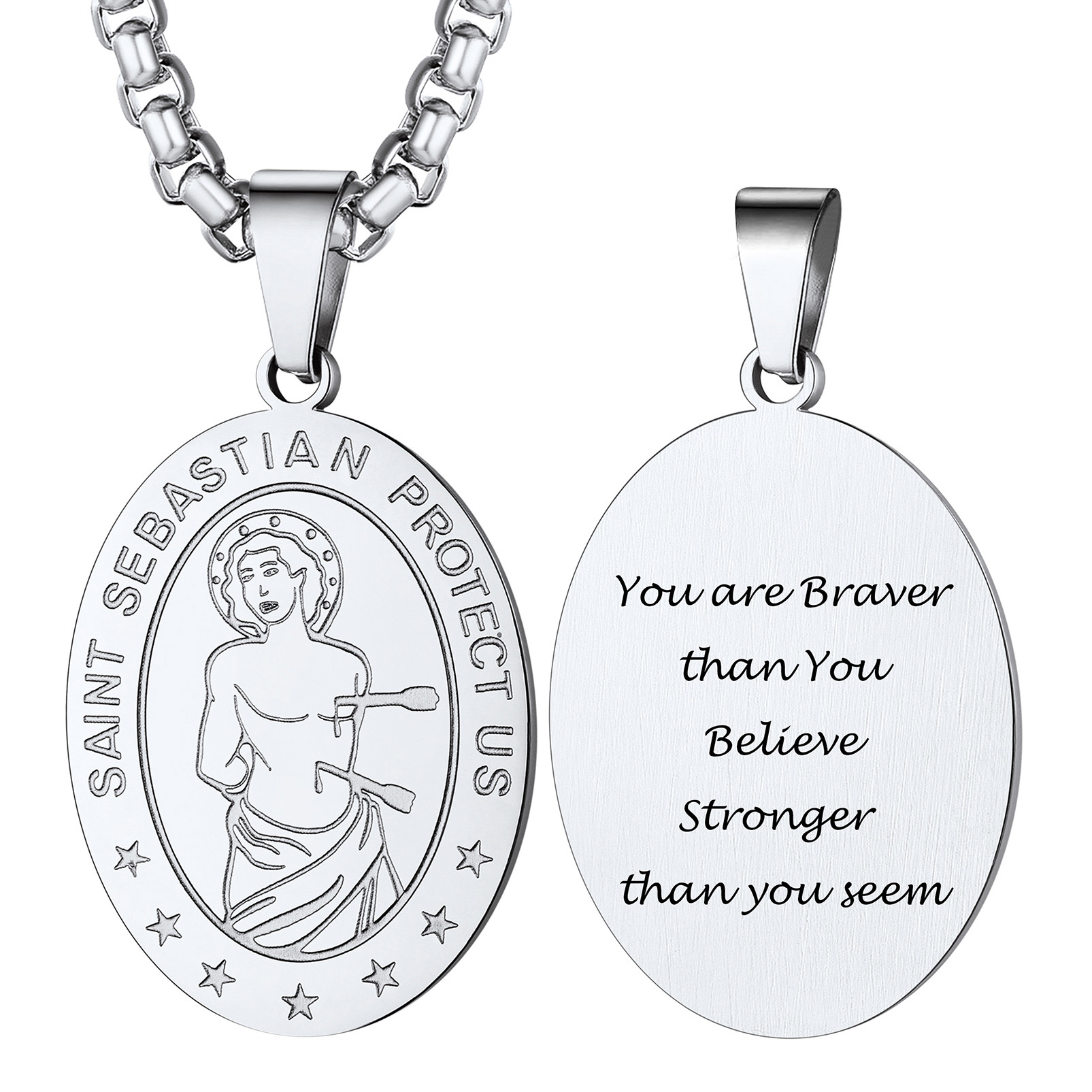 Custom Name Engraved Saint Sebastian Necklace for Women Men silver