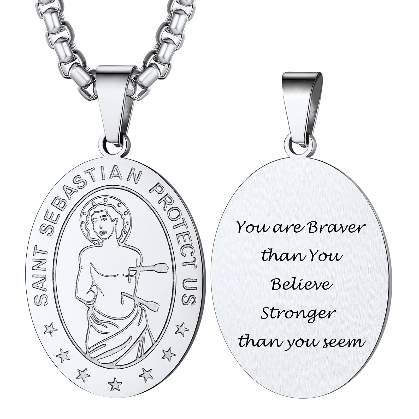 Custom Name Engraved Saint Sebastian Necklace for Women Men silver