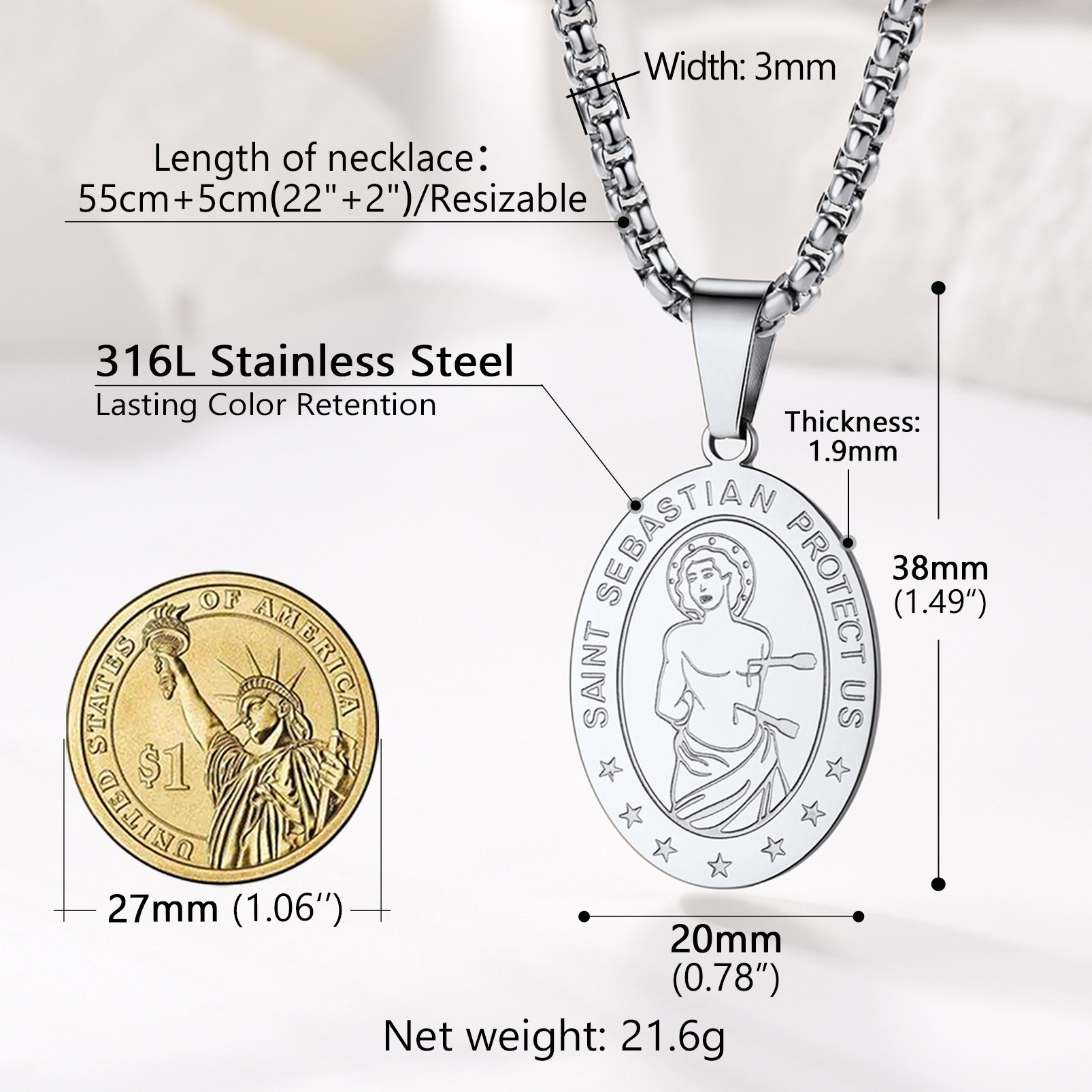 Custom Name Engraved Saint Sebastian Necklace for Women Men size