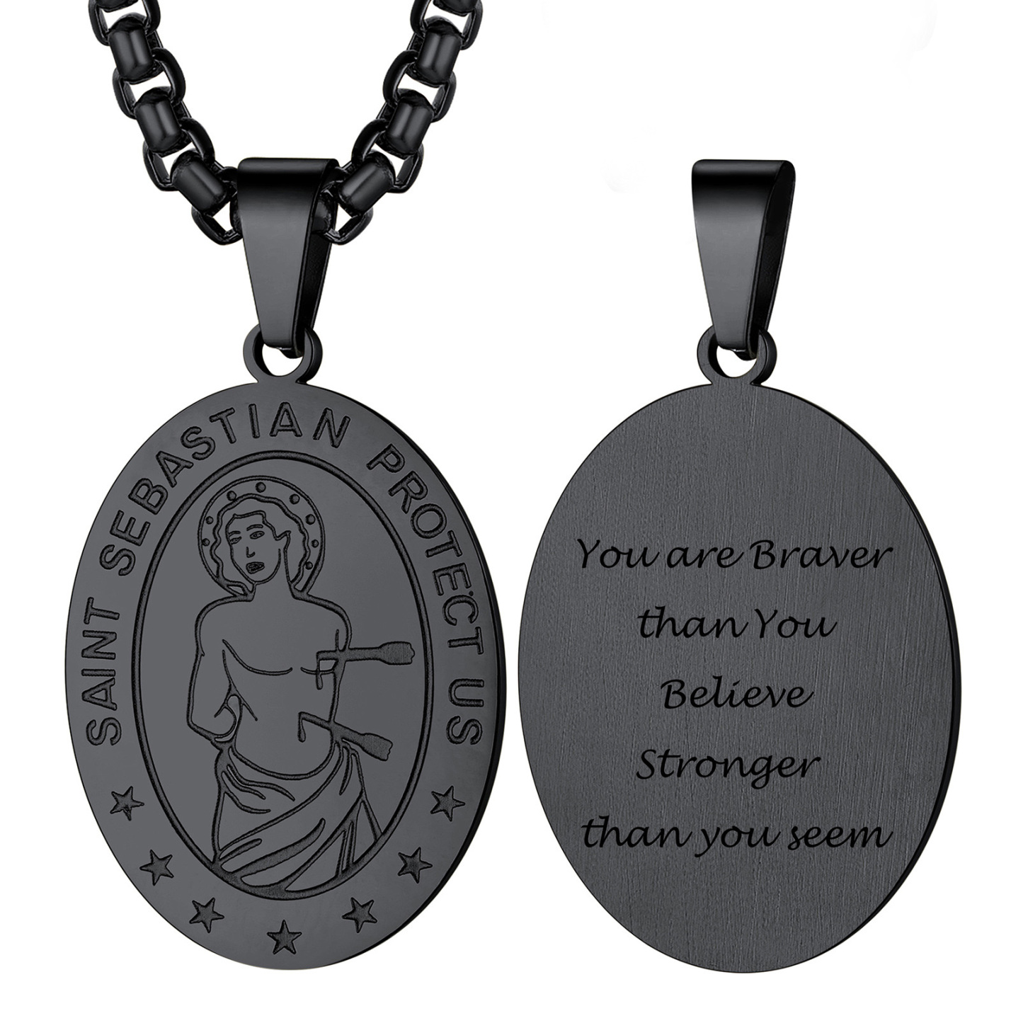Custom Name Engraved Saint Sebastian Necklace for Women Men black