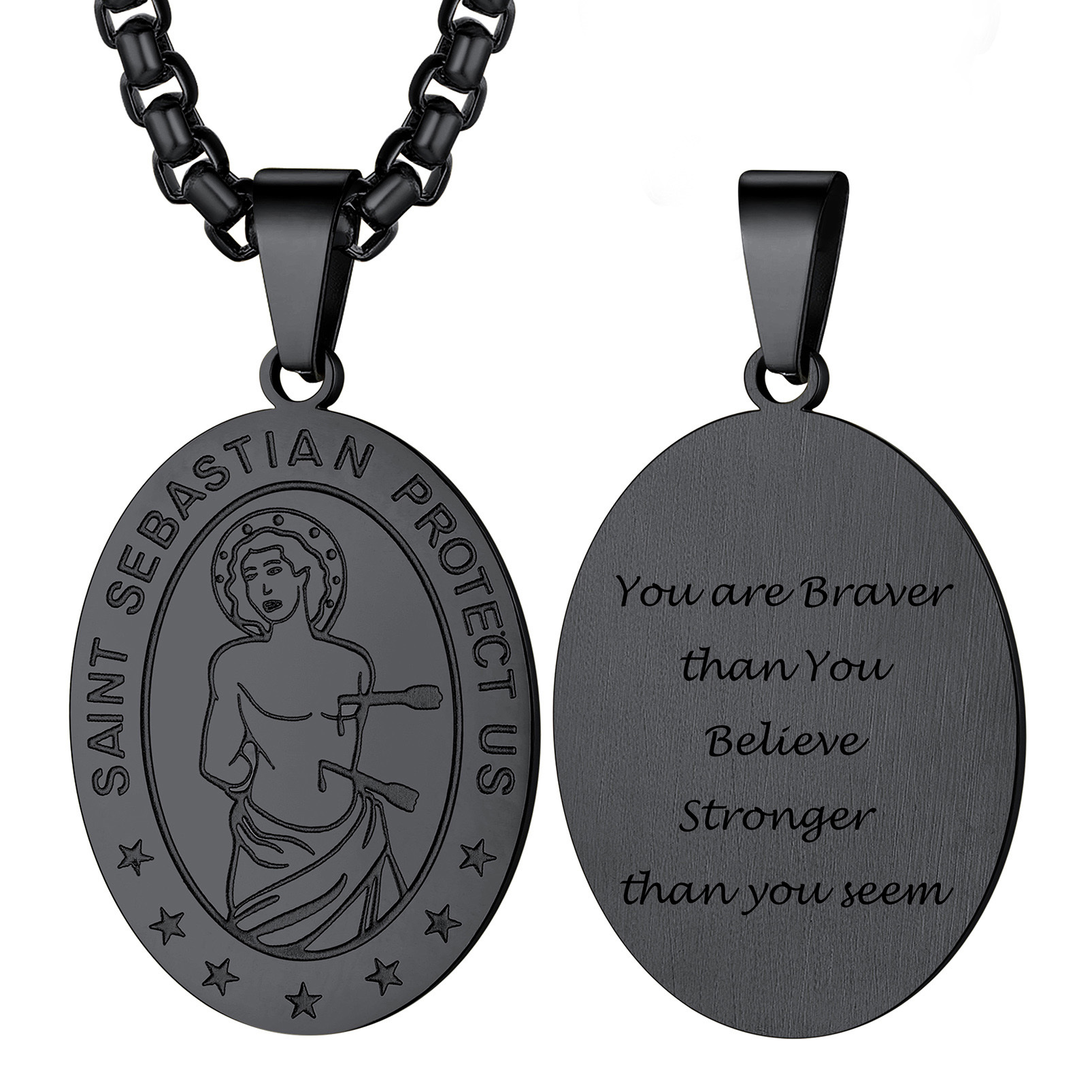 Custom Name Engraved Saint Sebastian Necklace for Women Men black