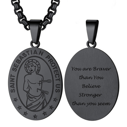 Custom Name Engraved Saint Sebastian Necklace for Women Men black