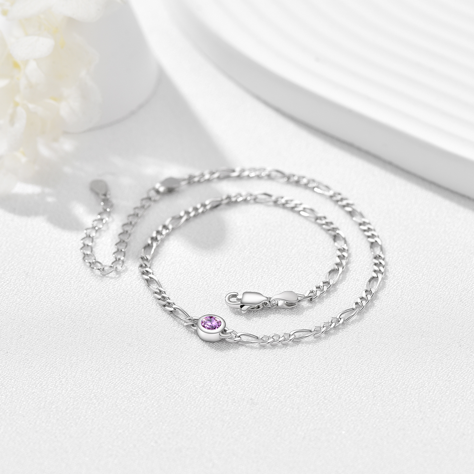Birthstone Sterling Silver Diamond Cut Figaro Anklets