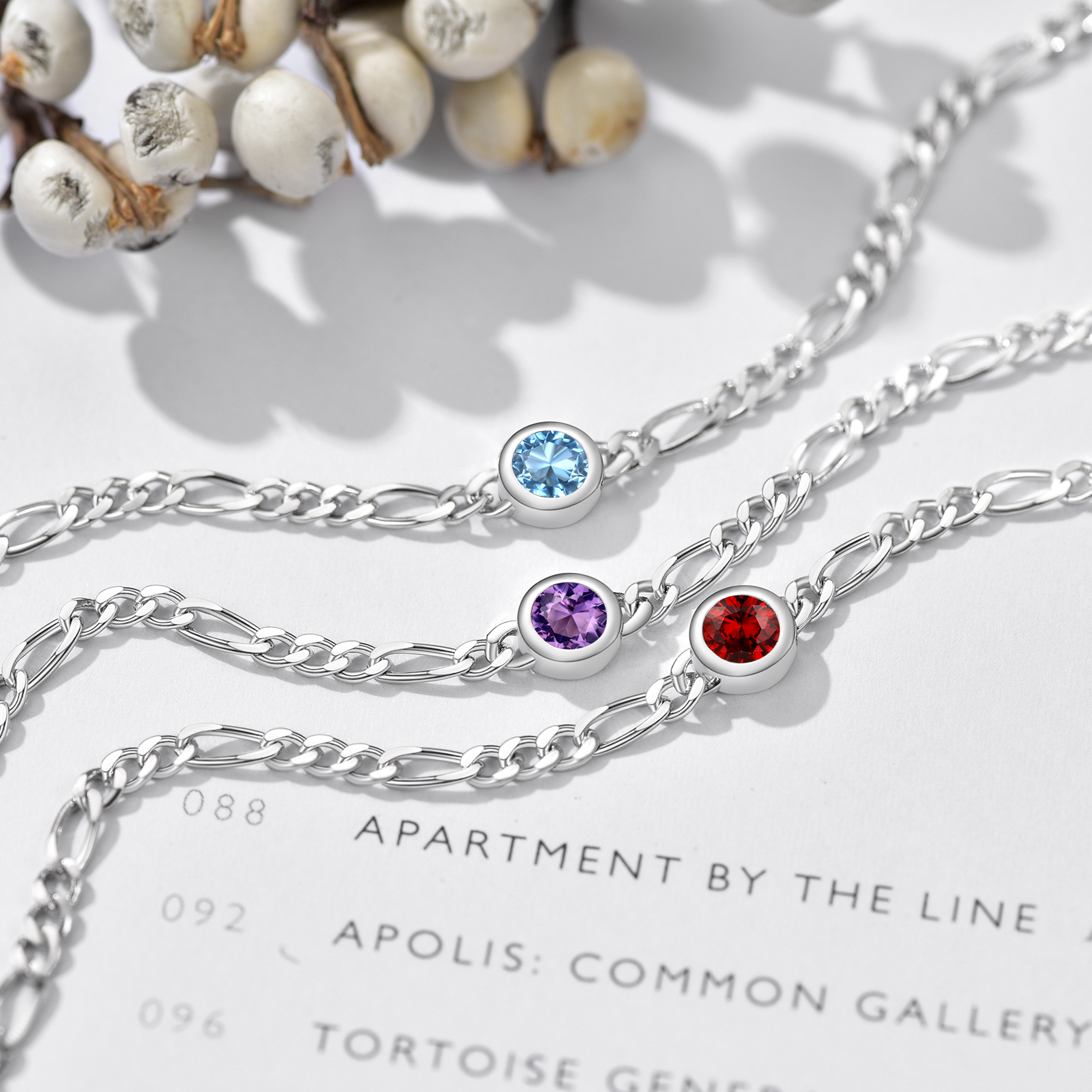 Birthstone Sterling Silver Diamond Cut Figaro Anklets collection