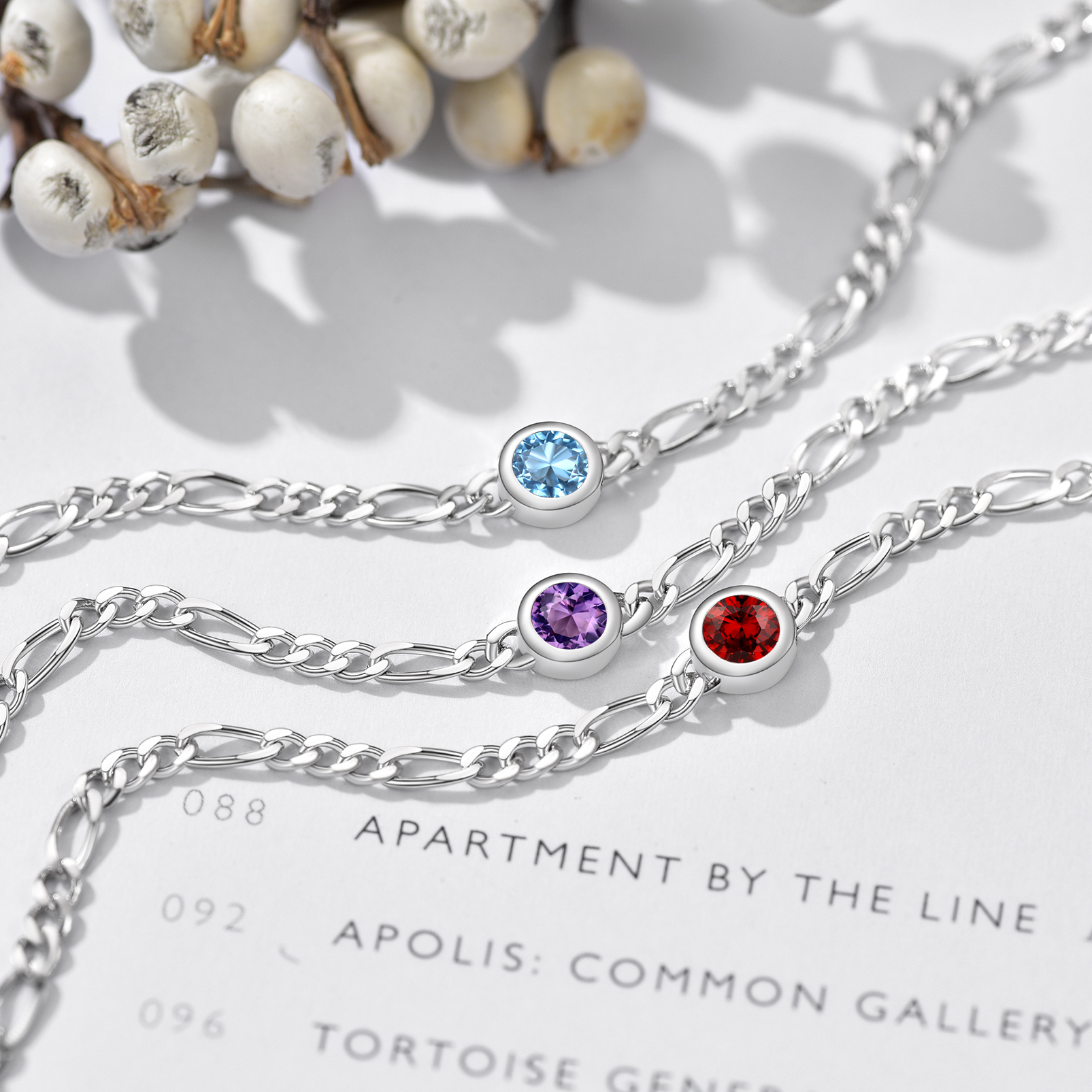 Birthstone Sterling Silver Diamond Cut Figaro Anklets collection