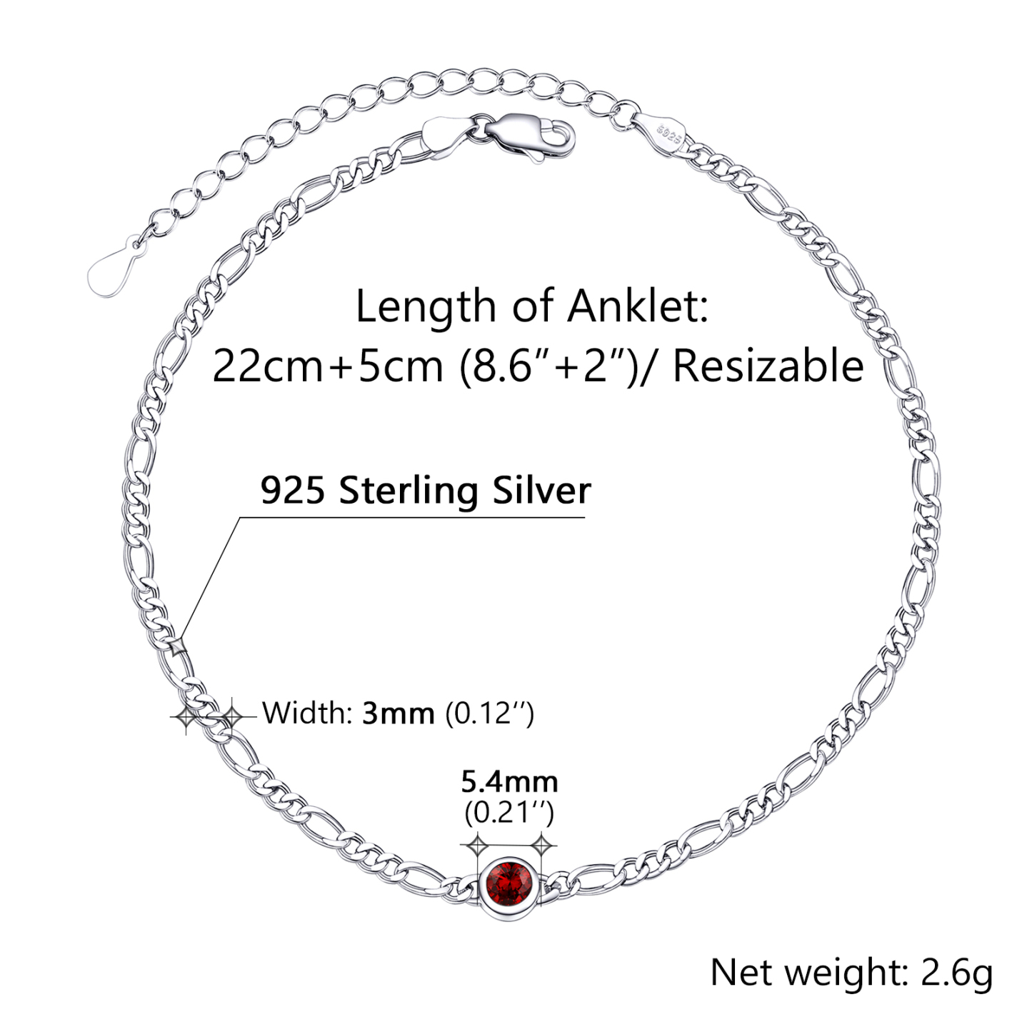 Birthstone Sterling Silver Figaro Anklets for Women detail