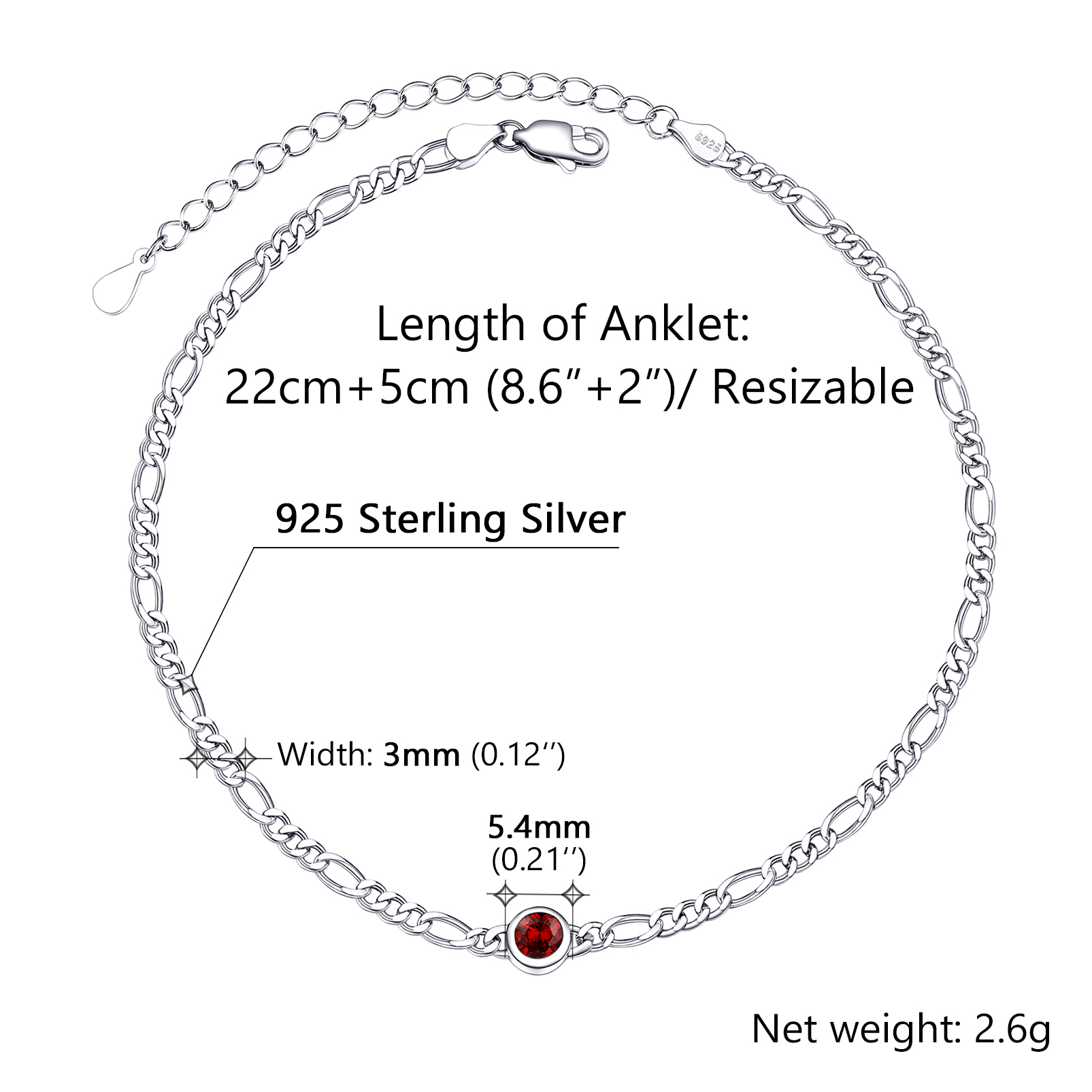 Birthstone Sterling Silver Figaro Anklets for Women detail