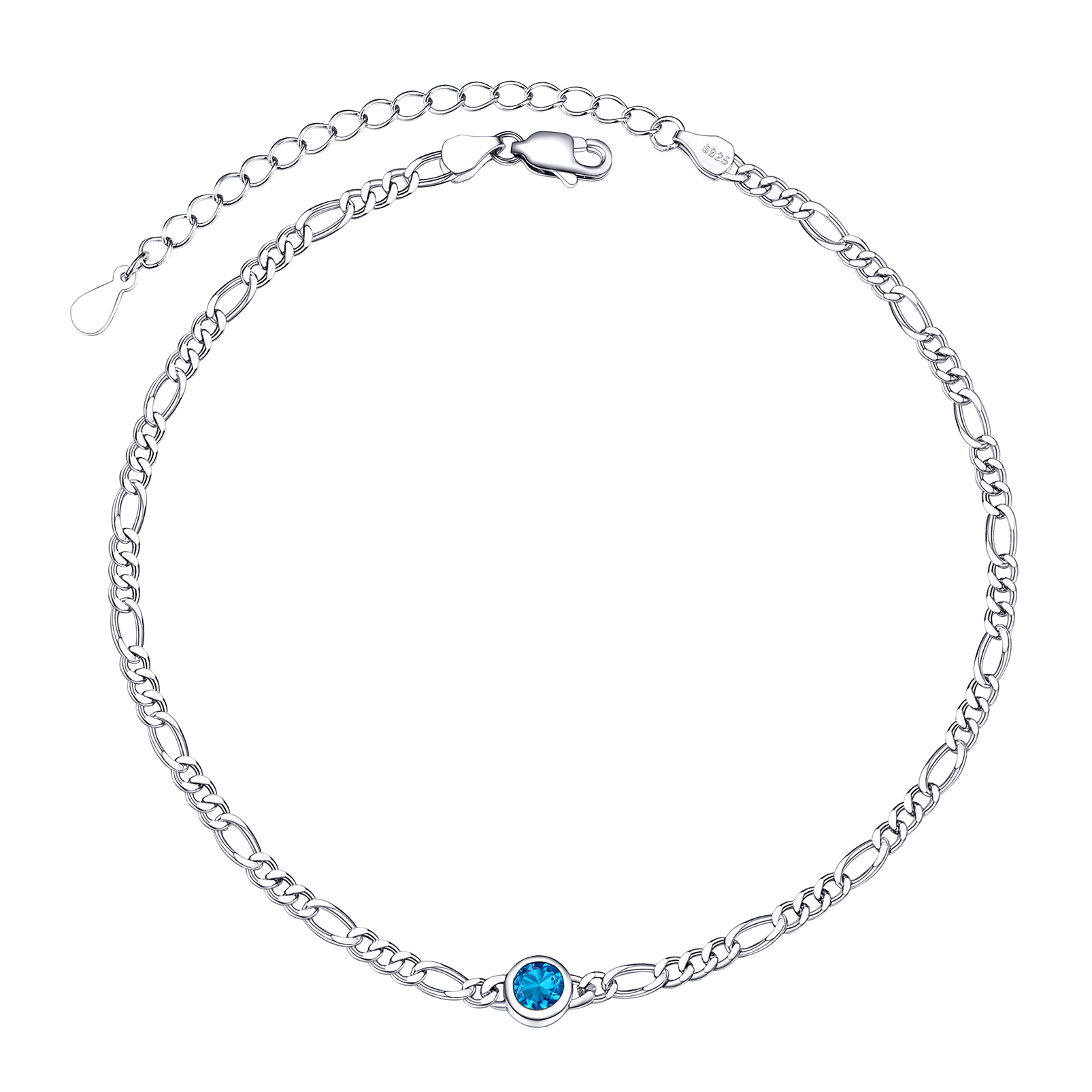 Birthstone Sterling Silver Diamond Cut Figaro Anklets for Women Dec