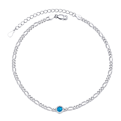 Birthstone Sterling Silver Diamond Cut Figaro Anklets for Women Dec